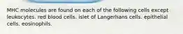 MHC molecules are found on each of the following cells except leukocytes. red blood cells. islet of Langerhans cells. epithelial cells. eosinophils.