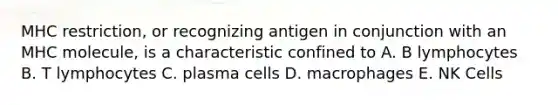 MHC restriction, or recognizing antigen in conjunction with an MHC molecule, is a characteristic confined to A. B lymphocytes B. T lymphocytes C. plasma cells D. macrophages E. NK Cells