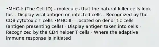 •MHC-I: (The Cell ID) - molecules that the natural killer cells look for. - Display viral antigen on infected cells - Recognized by the CD8 cytotoxic T cells •MHC-II: - located on dendritic cells (antigen presenting cells) - Display antigen taken into cells - Recognized by the CD4 helper T cells - Where the adaptive immune response is initiated