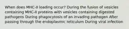 When does MHC-II loading occur? During the fusion of vesicles containing MHC-II proteins with vesicles containing digested pathogens During phagocytosis of an invading pathogen After passing through the endoplasmic reticulum During viral infection