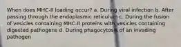 When does MHC-II loading occur? a. During viral infection b. After passing through the endoplasmic reticulum c. During the fusion of vesicles containing MHC-II proteins with vesicles containing digested pathogens d. During phagocytosis of an invading pathogen