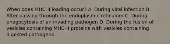 When does MHC-II loading occur? A. During viral infection B. After passing through the endoplasmic reticulum C. During phagocytosis of an invading pathogen D. During the fusion of vesicles containing MHC-II proteins with vesicles containing digested pathogens