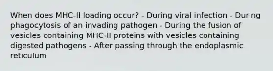 When does MHC-II loading occur? - During viral infection - During phagocytosis of an invading pathogen - During the fusion of vesicles containing MHC-II proteins with vesicles containing digested pathogens - After passing through the endoplasmic reticulum