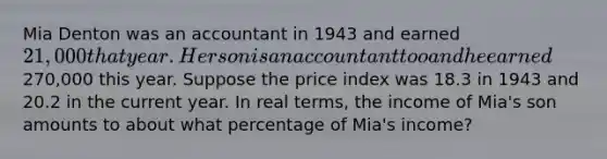 Mia Denton was an accountant in 1943 and earned 21,000 that year. Her son is an accountant too and he earned270,000 this year. Suppose the price index was 18.3 in 1943 and 20.2 in the current year. In real terms, the income of Mia's son amounts to about what percentage of Mia's income?