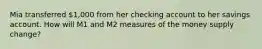 Mia transferred 1,000 from her checking account to her savings account. How will M1 and M2 measures of the money supply change?