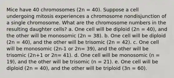 Mice have 40 chromosomes (2n = 40). Suppose a cell undergoing mitosis experiences a chromosome nondisjunction of a single chromosome. What are the chromosome numbers in the resulting daughter cells? a. One cell will be diploid (2n = 40), and the other will be monosomic (2n = 38). b. One cell will be diploid (2n = 40), and the other will be trisomic (2n = 42). c. One cell will be monosomic (2n-1 or 2n= 39), and the other will be trisomic (2n+1 or 2n= 41). d. One cell will be monosomic (n = 19), and the other will be trisomic (n = 21). e. One cell will be diploid (2n = 40), and the other will be triploid (3n = 60).