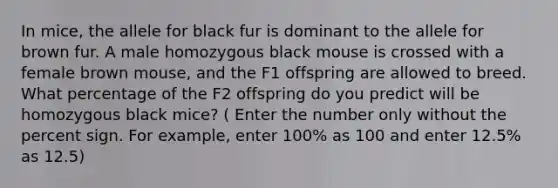 In mice, the allele for black fur is dominant to the allele for brown fur. A male homozygous black mouse is crossed with a female brown mouse, and the F1 offspring are allowed to breed. What percentage of the F2 offspring do you predict will be homozygous black mice? ( Enter the number only without the percent sign. For example, enter 100% as 100 and enter 12.5% as 12.5)