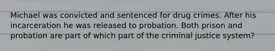 Michael was convicted and sentenced for drug crimes. After his incarceration he was released to probation. Both prison and probation are part of which part of <a href='https://www.questionai.com/knowledge/kuANd41CrG-the-criminal-justice-system' class='anchor-knowledge'>the criminal justice system</a>?