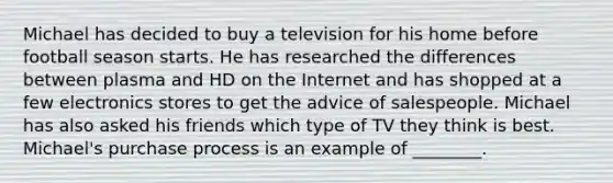 Michael has decided to buy a television for his home before football season starts. He has researched the differences between plasma and HD on the Internet and has shopped at a few electronics stores to get the advice of salespeople. Michael has also asked his friends which type of TV they think is best. Michael's purchase process is an example of ________.