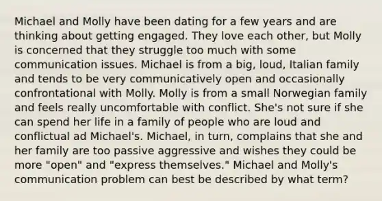 Michael and Molly have been dating for a few years and are thinking about getting engaged. They love each other, but Molly is concerned that they struggle too much with some communication issues. Michael is from a big, loud, Italian family and tends to be very communicatively open and occasionally confrontational with Molly. Molly is from a small Norwegian family and feels really uncomfortable with conflict. She's not sure if she can spend her life in a family of people who are loud and conflictual ad Michael's. Michael, in turn, complains that she and her family are too passive aggressive and wishes they could be more "open" and "express themselves." Michael and Molly's communication problem can best be described by what term?