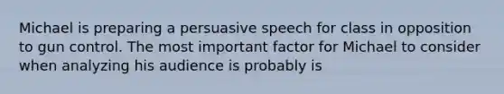 Michael is preparing a persuasive speech for class in opposition to gun control. The most important factor for Michael to consider when analyzing his audience is probably is