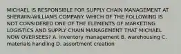 MICHAEL IS RESPONSIBLE FOR SUPPLY CHAIN MANAGEMENT AT SHERWIN-WILLIAMS COMPANY. WHICH OF THE FOLLOWING IS NOT CONSIDERED ONE OF THE ELEMENTS OF MARKETING LOGISTICS AND SUPPLY CHAIN MANAGEMENT THAT MICHAEL NOW OVERSEES? A. inventory management B. warehousing C. materials handling D. assortment creation