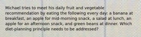 Michael tries to meet his daily fruit and vegetable recommendation by eating the following every day: a banana at breakfast, an apple for mid-morning snack, a salad at lunch, an apple for an afternoon snack, and green beans at dinner. Which diet-planning principle needs to be addressed?