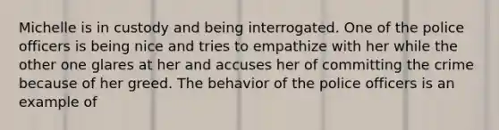 Michelle is in custody and being interrogated. One of the police officers is being nice and tries to empathize with her while the other one glares at her and accuses her of committing the crime because of her greed. The behavior of the police officers is an example of