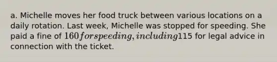 a. Michelle moves her food truck between various locations on a daily rotation. Last week, Michelle was stopped for speeding. She paid a fine of 160 for speeding, including115 for legal advice in connection with the ticket.