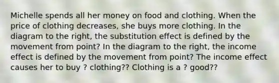 Michelle spends all her money on food and clothing. When the price of clothing​ decreases, she buys more clothing. In the diagram to the​ right, the substitution effect is defined by the movement from point? In the diagram to the​ right, the income effect is defined by the movement from point? The income effect causes her to buy ? clothing?? Clothing is a ? good??