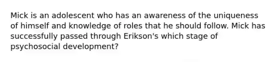 Mick is an adolescent who has an awareness of the uniqueness of himself and knowledge of roles that he should follow. Mick has successfully passed through Erikson's which stage of psychosocial development?