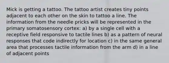 Mick is getting a tattoo. The tattoo artist creates tiny points adjacent to each other on the skin to tattoo a line. The information from the needle pricks will be represented in the primary somatosensory cortex: a) by a single cell with a receptive field responsive to tactile lines b) as a pattern of neural responses that code indirectly for location c) in the same general area that processes tactile information from the arm d) in a line of adjacent points