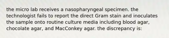 the micro lab receives a nasopharyngeal specimen. the technologist fails to report the direct Gram stain and inoculates the sample onto routine culture media including blood agar, chocolate agar, and MacConkey agar. the discrepancy is: