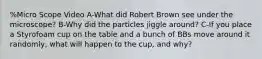 %Micro Scope Video A-What did Robert Brown see under the microscope? B-Why did the particles jiggle around? C-If you place a Styrofoam cup on the table and a bunch of BBs move around it randomly, what will happen to the cup, and why?