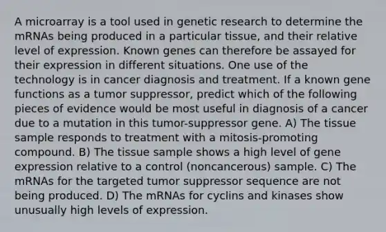 A microarray is a tool used in genetic research to determine the mRNAs being produced in a particular tissue, and their relative level of expression. Known genes can therefore be assayed for their expression in different situations. One use of the technology is in cancer diagnosis and treatment. If a known gene functions as a tumor suppressor, predict which of the following pieces of evidence would be most useful in diagnosis of a cancer due to a mutation in this tumor-suppressor gene. A) The tissue sample responds to treatment with a mitosis-promoting compound. B) The tissue sample shows a high level of gene expression relative to a control (noncancerous) sample. C) The mRNAs for the targeted tumor suppressor sequence are not being produced. D) The mRNAs for cyclins and kinases show unusually high levels of expression.