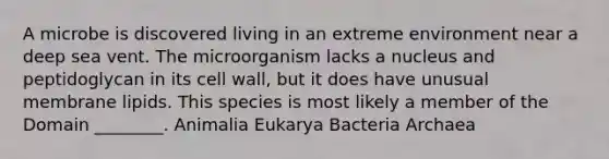 A microbe is discovered living in an extreme environment near a deep sea vent. The microorganism lacks a nucleus and peptidoglycan in its cell wall, but it does have unusual membrane lipids. This species is most likely a member of the Domain ________. Animalia Eukarya Bacteria Archaea