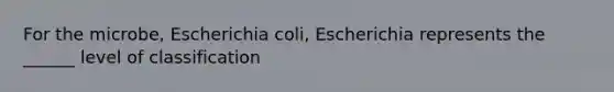 For the microbe, Escherichia coli, Escherichia represents the ______ level of classification