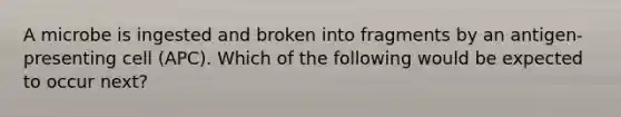 A microbe is ingested and broken into fragments by an antigen-presenting cell (APC). Which of the following would be expected to occur next?