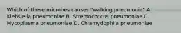 Which of these microbes causes "walking pneumonia" A. Klebsiella pneumoniae B. Streptococcus pneumoniae C. Mycoplasma pneumoniae D. Chlamydophila pneumoniae