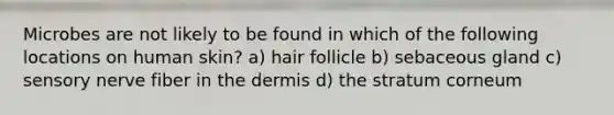 Microbes are not likely to be found in which of the following locations on human skin? a) hair follicle b) sebaceous gland c) sensory nerve fiber in the dermis d) the stratum corneum