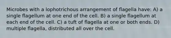 Microbes with a lophotrichous arrangement of ﬂagella have: A) a single ﬂagellum at one end of the cell. B) a single ﬂagellum at each end of the cell. C) a tuft of ﬂagella at one or both ends. D) multiple ﬂagella, distributed all over the cell.