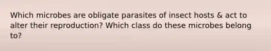 Which microbes are obligate parasites of insect hosts & act to alter their reproduction? Which class do these microbes belong to?