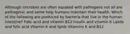 Although microbes are often equated with pathogens not all are pathogenic and some help humans maintain their health. Which of the following are produced by bacteria that live in the human intestine? Folic acid and vitamin B12 Insulin and vitamin K Lipids and folic acid Vitamin K and lipids Vitamins K and B12