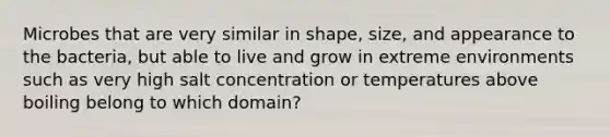 Microbes that are very similar in shape, size, and appearance to the bacteria, but able to live and grow in extreme environments such as very high salt concentration or temperatures above boiling belong to which domain?