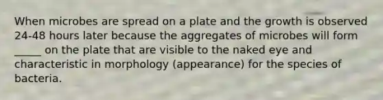 When microbes are spread on a plate and the growth is observed 24-48 hours later because the aggregates of microbes will form _____ on the plate that are visible to the naked eye and characteristic in morphology (appearance) for the species of bacteria.