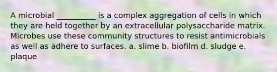 A microbial __________ is a complex aggregation of cells in which they are held together by an extracellular polysaccharide matrix. Microbes use these community structures to resist antimicrobials as well as adhere to surfaces. a. slime b. biofilm d. sludge e. plaque