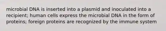 microbial DNA is inserted into a plasmid and inoculated into a recipient; human cells express the microbial DNA in the form of proteins; foreign proteins are recognized by the immune system