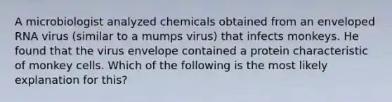 A microbiologist analyzed chemicals obtained from an enveloped RNA virus (similar to a mumps virus) that infects monkeys. He found that the virus envelope contained a protein characteristic of monkey cells. Which of the following is the most likely explanation for this?