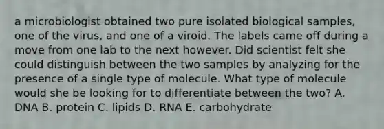 a microbiologist obtained two pure isolated biological samples, one of the virus, and one of a viroid. The labels came off during a move from one lab to the next however. Did scientist felt she could distinguish between the two samples by analyzing for the presence of a single type of molecule. What type of molecule would she be looking for to differentiate between the two? A. DNA B. protein C. lipids D. RNA E. carbohydrate