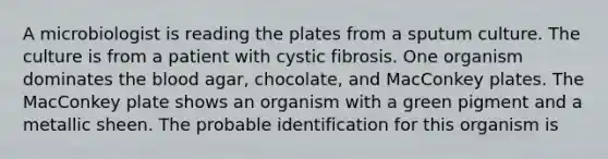 A microbiologist is reading the plates from a sputum culture. The culture is from a patient with cystic fibrosis. One organism dominates the blood agar, chocolate, and MacConkey plates. The MacConkey plate shows an organism with a green pigment and a metallic sheen. The probable identification for this organism is