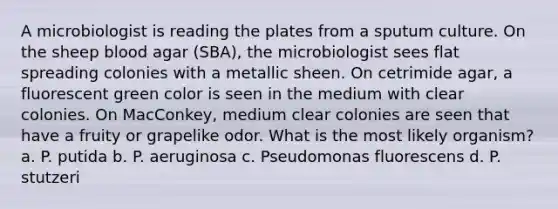 A microbiologist is reading the plates from a sputum culture. On the sheep blood agar (SBA), the microbiologist sees flat spreading colonies with a metallic sheen. On cetrimide agar, a fluorescent green color is seen in the medium with clear colonies. On MacConkey, medium clear colonies are seen that have a fruity or grapelike odor. What is the most likely organism? a. P. putida b. P. aeruginosa c. Pseudomonas fluorescens d. P. stutzeri