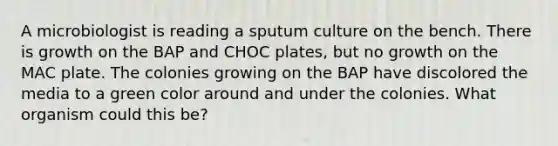 A microbiologist is reading a sputum culture on the bench. There is growth on the BAP and CHOC plates, but no growth on the MAC plate. The colonies growing on the BAP have discolored the media to a green color around and under the colonies. What organism could this be?