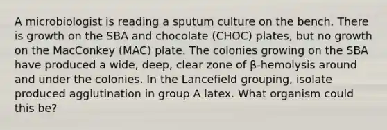 A microbiologist is reading a sputum culture on the bench. There is growth on the SBA and chocolate (CHOC) plates, but no growth on the MacConkey (MAC) plate. The colonies growing on the SBA have produced a wide, deep, clear zone of β-hemolysis around and under the colonies. In the Lancefield grouping, isolate produced agglutination in group A latex. What organism could this be?