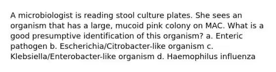 A microbiologist is reading stool culture plates. She sees an organism that has a large, mucoid pink colony on MAC. What is a good presumptive identification of this organism? a. Enteric pathogen b. Escherichia/Citrobacter-like organism c. Klebsiella/Enterobacter-like organism d. Haemophilus influenza