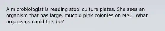 A microbiologist is reading stool culture plates. She sees an organism that has large, mucoid pink colonies on MAC. What organisms could this be?