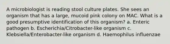 A microbiologist is reading stool culture plates. She sees an organism that has a large, mucoid pink colony on MAC. What is a good presumptive identification of this organism? a. Enteric pathogen b. Escherichia/Citrobacter-like organism c. Klebsiella/Enterobacter-like organism d. Haemophilus influenzae