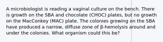 A microbiologist is reading a vaginal culture on the bench. There is growth on the SBA and chocolate (CHOC) plates, but no growth on the MacConkey (MAC) plate. The colonies growing on the SBA have produced a narrow, diffuse zone of β-hemolysis around and under the colonies. What organism could this be?