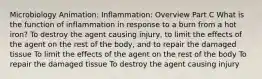 Microbiology Animation: Inflammation: Overview Part C What is the function of inflammation in response to a burn from a hot iron? To destroy the agent causing injury, to limit the effects of the agent on the rest of the body, and to repair the damaged tissue To limit the effects of the agent on the rest of the body To repair the damaged tissue To destroy the agent causing injury