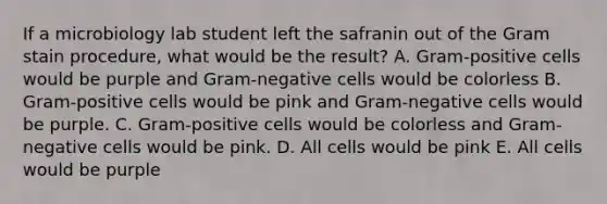 If a microbiology lab student left the safranin out of the Gram stain procedure, what would be the result? A. Gram-positive cells would be purple and Gram-negative cells would be colorless B. Gram-positive cells would be pink and Gram-negative cells would be purple. C. Gram-positive cells would be colorless and Gram-negative cells would be pink. D. All cells would be pink E. All cells would be purple