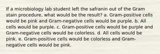 If a microbiology lab student left the safranin out of the Gram stain procedure, what would be the result? a. Gram-positive cells would be pink and Gram-negative cells would be purple. b. All cells would be purple. c. Gram-positive cells would be purple and Gram-negative cells would be colorless. d. All cells would be pink. e. Gram-positive cells would be colorless and Gram-negative cells would be pink.